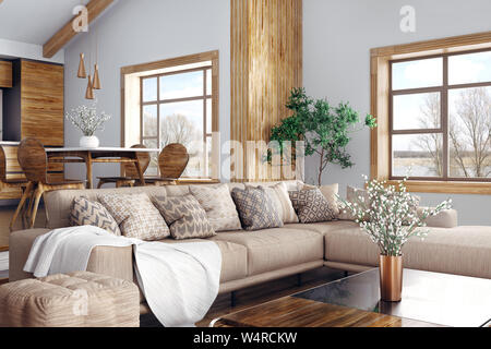 Modernes Interieur des Hauses, Küche, Wohnzimmer mit einem 3D-Rendering Stockfoto