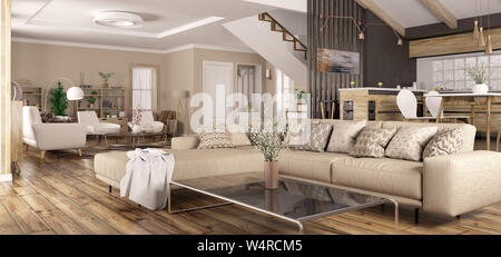 Modernes Interieur des Hauses, Küche, Wohnzimmer mit Sofa, Flur, Treppenhaus Panorama 3D-Rendering Stockfoto