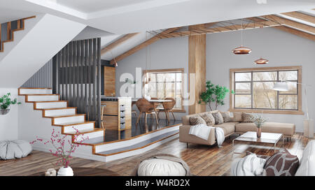 Modernes Interieur des Hauses, Küche, Wohnzimmer mit Sofa, Flur, Treppenhaus, 3D-Rendering Stockfoto