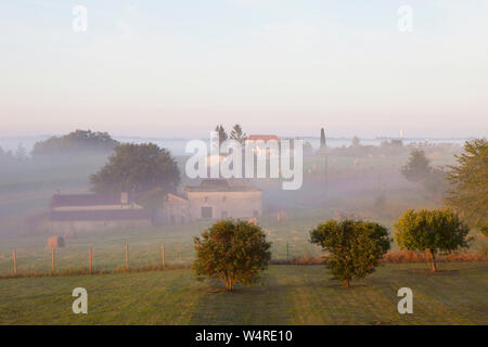 Landwirtschaftliche Gebäude in Vilnius Südfrankreich auf einem Early Misty Sommertag. Stockfoto