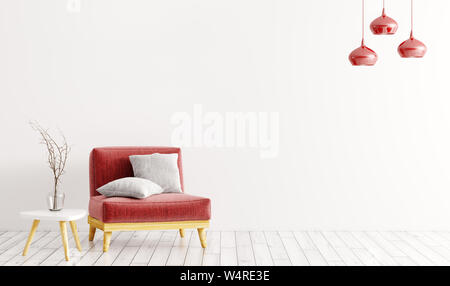 Innenraum der Wohnzimmer mit rotem Samtbezug Sessel, graue Kissen, Holz Couchtisch mit Vase und Lampen über weiße Wand 3D-Rendering Stockfoto