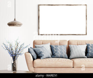 Modernes Interieur aus Wohnzimmer mit rosa Sofa, Vase mit Blumen Zweige, Lampe und Mock up Plakat an der Wand, 3D-Rendering Stockfoto