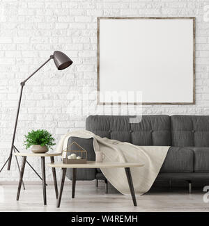 Modernes Interieur aus Wohnzimmer mit schwarzes Sofa, Holz Kaffeetischen und Mock up Poster an der Wand 3D-Rendering Stockfoto