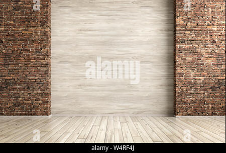 Leere Innenraum grunge Hintergrund, Zimmer mit Backstein und Holz Wand 3D-Rendering Stockfoto