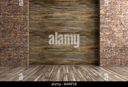 Leere Innenraum grunge Hintergrund, Zimmer mit Backstein und Holz Wand 3D-Rendering Stockfoto