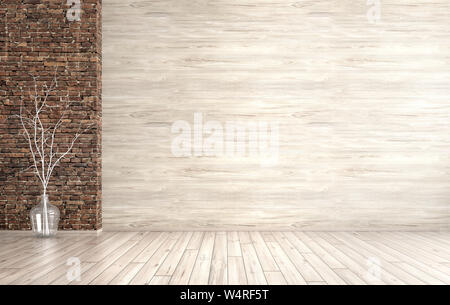 Leere Innenraum Hintergrund, Zimmer mit Möbeln aus Holz und Mauerwerk, Glas Vase mit Filiale auf dem Holzboden 3D-Rendering Stockfoto