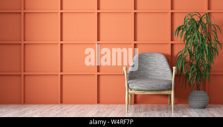Innenraum Hintergrund Wohnzimmer mit grauen Sessel über Coral Verkleidungen Wand 3D-Rendering Stockfoto