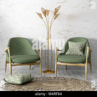 Innenraum der gemütliches Wohnzimmer mit zwei grünen Sesseln und Stehleuchte 3D-Rendering Stockfoto