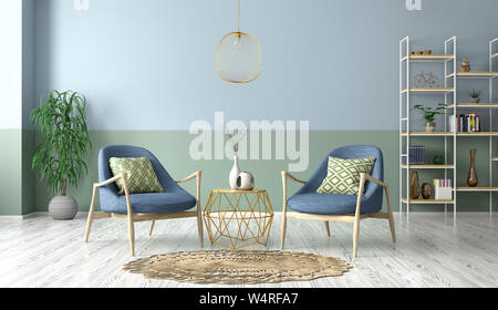 Modernes Interieur aus Wohnzimmer mit Sesseln, Couchtisch, 3D-Rendering Stockfoto