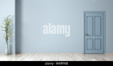 Leeren Raum innen Hintergrund, Tür über blaue Wand und Vase mit Blumen Zweig 3D-Rendering Stockfoto