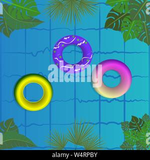 Schwimmbad mit farbenfrohen Umzugswagen aufblasbare Ringe, bunte lustige Sommer Hintergrund, Resort Hotel, Vektor Banner für Ferienhäuser, Poster Design für Web Stock Vektor