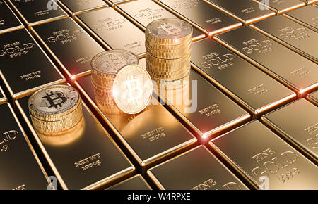 Gold bitcoin Münzen auf klassischen Ingots, Konzept der cryptocurrency und Wirtschaft. 3D-Render Bild Stockfoto