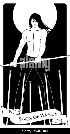 Sieben der Kelche. Tarot Karten. Langhaarigen jungen Mann, der einen Zauberstab kämpfen sechs unteren Sticks. Stock Vektor