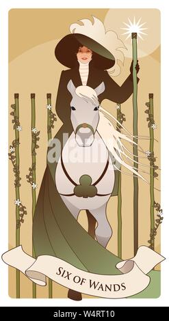 Sechs der Kelche. Tarot Karten. Elegante Dame zu Pferd, halten einen Zauberstab mit einem leuchtenden Stern und durch Fünf Kelche von Blumen und Blätter umgeben flankiert. Stock Vektor