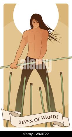 Sieben der Kelche. Tarot Karten. Langhaarigen jungen Mann, der einen Zauberstab kämpfen sechs unteren Sticks. Stock Vektor