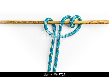 Rolling Hitch Knoten isoliert auf weißem Hintergrund. Seil Knoten. Stockfoto