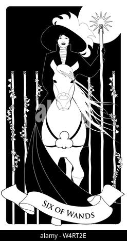 Sechs der Kelche. Tarot Karten. Elegante Dame zu Pferd, halten einen Zauberstab mit einem leuchtenden Stern und durch Fünf Kelche von Blumen und Blätter umgeben flankiert. Stock Vektor