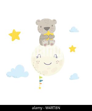 Cute bear auf dem Mond mit einem Star cartoon Flachbild Vector Illustration für Kinder. Perfekt für t-shirt Druck, Baumschule Textil, Kinder tragen Fashion design, Babyduscheeinladung Karte. Stock Vektor