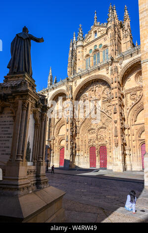 Nachmittag Licht auf dem Sandstein Fassade der neuen Kathedrale, Plaza Juan XXIII, Salamanca, Spanien. Stockfoto