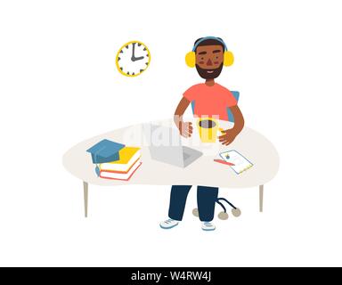 Schüler im Lernprozess. Flache Abbildung: african-american man studieren online an seinem Arbeitsplatz, mit seinem Laptop. Vector Template mit Arbeitstisch, Bücher, Lampen, etc. Stock Vektor