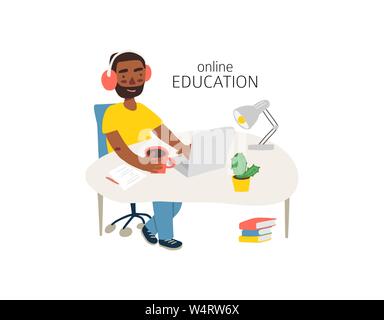 Schüler im Lernprozess. Flache Abbildung: african-american man studieren online an seinem Arbeitsplatz, mit seinem Laptop. Vector Template mit Arbeitstisch, Bücher, Lampen, etc. Stock Vektor