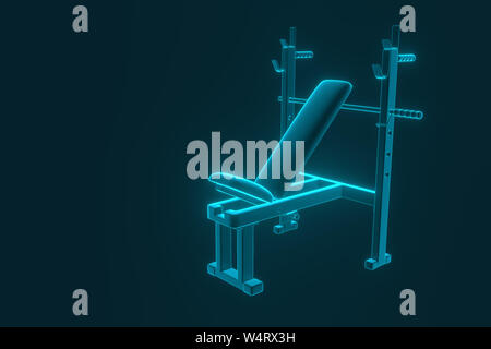 In der Nähe der Turnhalle Sitzbank mit Kniebeugen auf blauem Hintergrund stehen isoliert. 3D-Rendering Stockfoto