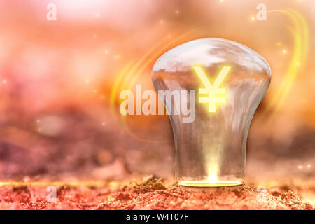 Yen sign Konzept mit kopieren. Yuan Währung Symbol im Inneren der Lampe auf. Wechselkursänderungen. Stockfoto