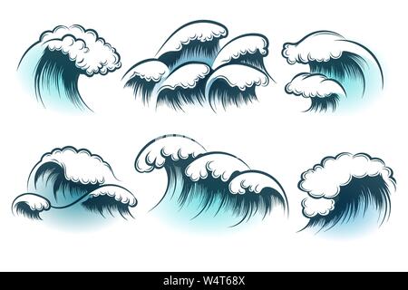 Hand gezeichnet Ozean oder Meer Wellen auf weißem Hintergrund. Vector Illustration. Stock Vektor