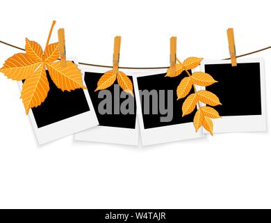 Bilderrahmen auf Seil mit Wäscheklammern und Blätter im Herbst Vektor Stock Vektor