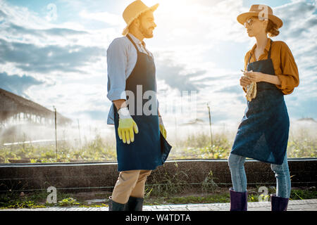 Zwei junge schön gekleidet Landwirte sprechen über das Ackerland mit automatische Bewässerung bei Sonnenuntergang Stockfoto