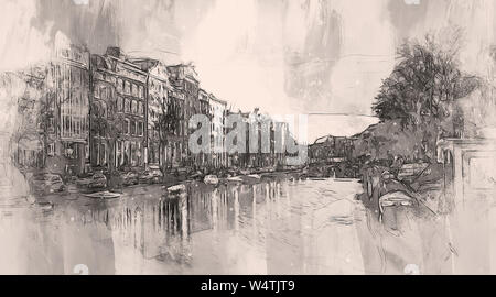 Die Stadt Amsterdam begann als ein Dorf am Fluss Amstel. Aber im Mittelalter wuchs rasch als Zentrum des Handels Stockfoto