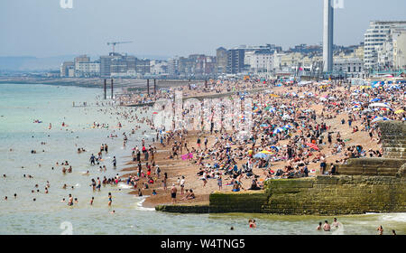 Brighton UK 25. Juli 2019 - Brighton Beach ist auf einen anderen heißen, sonnigen Tag in Großbritannien verpackt als Meteorologen prognostizieren Rekordtemperaturen für Teile des Südostens. Foto: Simon Dack/Alamy leben Nachrichten Stockfoto
