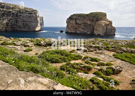 Einen malerischen Blick auf die Felsen, Fungus Rock und das blaue Meer an der dweira Bay mit grüner Vegetation in Gozo, Malta. Stockfoto