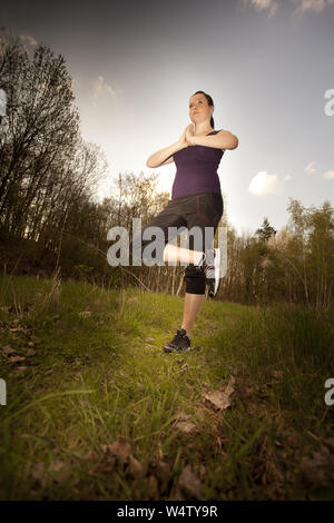 Frau auf dem Feld/Yoga Stockfoto