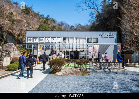 Tochigi, Japan - 21. März 2019: Blick von Oya History Museum, ein Museum und Event Space gebaut in einem massiven ehemaligen Steinbruch im Nordwesten Utsun Stockfoto