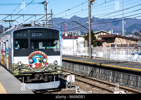 Yamanashi, Japan - 24. März 2019: Blick auf Thomas Land 20 Jahre zug Charakter am Morgen am Mt. Fuji Station in Yamanashi, Japan Stockfoto