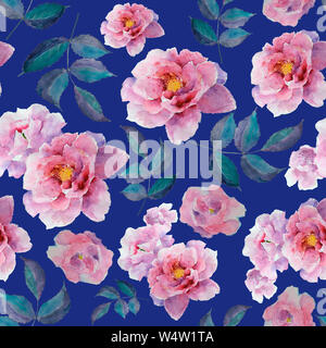 Aquarell florales Muster und nahtlose Hintergrund von Pfingstrose und Blatt. Handbemalt. Schonendes Design für Stoff, Geschenkpapier oder Tapete. Raster Stockfoto