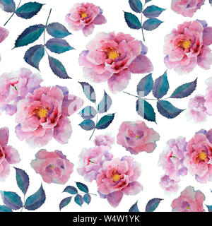Aquarell florales Muster und nahtlose Hintergrund von Pfingstrose und Blatt. Handbemalt. Schonendes Design für Stoff, Geschenkpapier oder Tapete. Raster Stockfoto