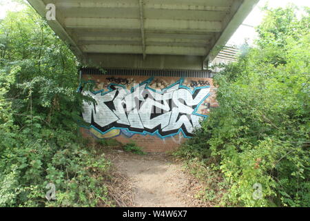 Graffiti unter einer Brücke von grünen Büschen an einem bewölkten Tag umgeben Stockfoto