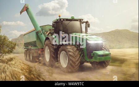 Traktor mit Anhänger fahren auf einem Feldweg neben einem Feld Struktur Stockfoto