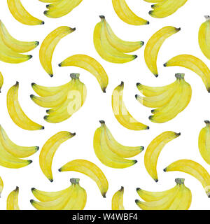 Aquarell von Hand bemalt nahtlose Banane Muster mit frischen reifen Bananen und Bananen Bündel, tropischen Abbildung am besten für Gewebe und Tapeten Stockfoto