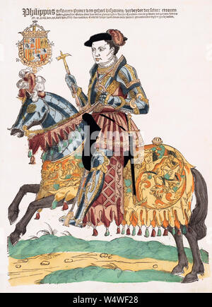 Porträt von König Philipp II. von Spanien auf dem Pferd. König Philip II, Rey Felipe II., 1527 - 1598. Nach einem 16. Jahrhundert drucken. Stockfoto
