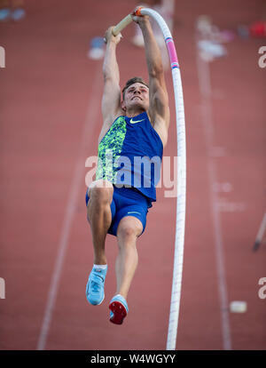 Leverkusen, Deutschland. 24. Juli, 2019. Melker Svaerd JACOBSSON (SvÃ rd), SWE, Aktion, Stabhochsprung der Männer, Leichtathletik Meeting Bayer Classics am 24.07.2019 in Leverkusen/Deutschland. | Verwendung der weltweiten Kredit: dpa/Alamy leben Nachrichten Stockfoto