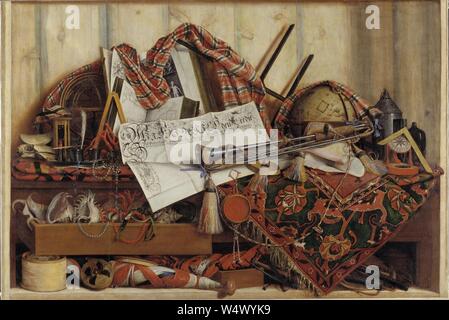 Cornelius Norbertus Gijsbrechts - Trompe-l'Oeil mit Trompete, Himmelsglobus und Verkündigung von Frederik III. Stockfoto