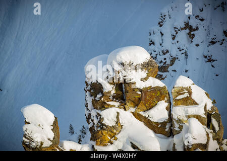Osprey oder das im Schnee bedeckte Adlernest, das auf den Frühling wartet Stockfoto