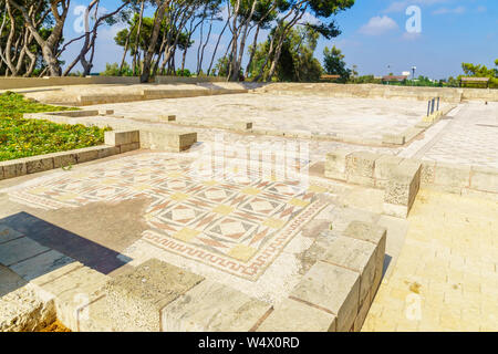 Blick auf die Vögel Mosaik, es ist ein Byzantinischer Palast Mosaikfußboden in Caesarea, Israel Stockfoto