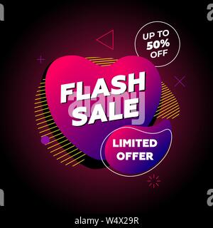 Flash-Werbebanner. Limitiertes Angebot Template Design auf abstrakter flüssiger Form. Flaches geometrisches Gradientenfarbiges Grafikelement in herzflüssiger Form auf schwarzem Hintergrund. Moderne Deal Vektor-Illustration Stock Vektor