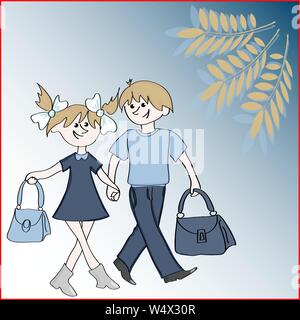 Vector Illustration zum Thema - Zurück in die Schule. Zwei weiße blonde Kinder, ein Junge und ein Mädchen, Hände halten, gehen zur Schule, Aktentaschen im Stock Vektor