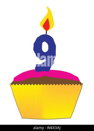 Eine Süßigkeit Cupcake mit rosa Glasur und eine Nummer 9 als die Kerze Stock Vektor