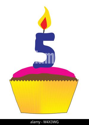 Eine Süßigkeit Cupcake mit rosa Glasur und eine Nummer 5, wie die Kerze Stock Vektor